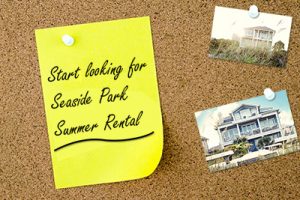 Seaside Park Summer Rental, corkboard with sticky note reminder to search for summer rental and 2 pictures of houses